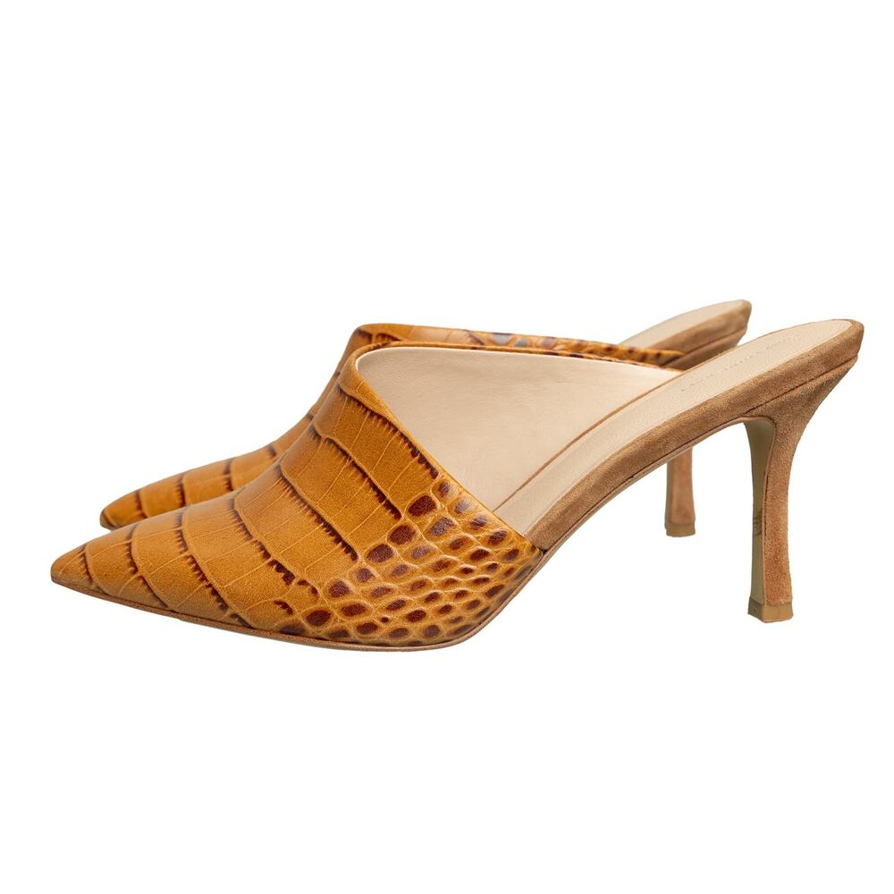 Womens Designer Something Navy Anna Dress Mule Tan Crocodile Leather Kitten Heel
